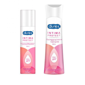 Durex Intima Protect Gel higiene ntima calmante 2 em 1 200 ml + Lubrificante prebitico 2 em 1 50 ml com Desconto de 50% na 2 Embalagem